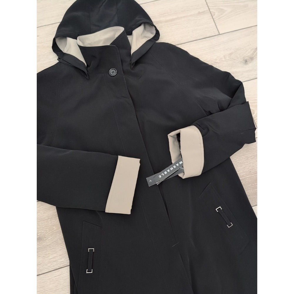 Gallery Trench Coat Women Size 4 Black Long Sleeve Button Up Hood Longline NWT
